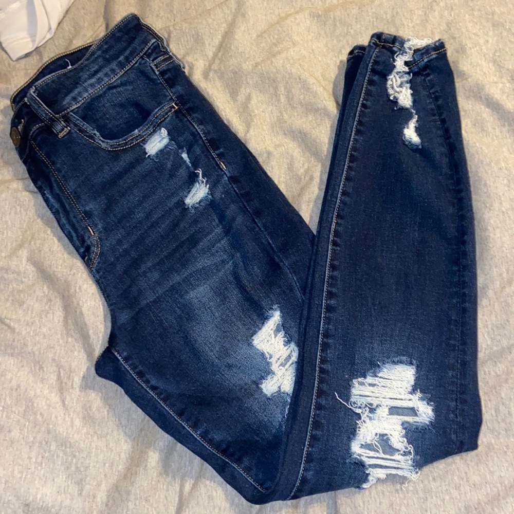 AE High Rise Dark Wash Distressed Jegging